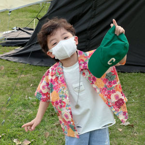 Summer Floral Print Short Sleeve Shirt for Kids Baby Boy Hong Kong Style Retro Cotton Top Trendy Childrens Clothing