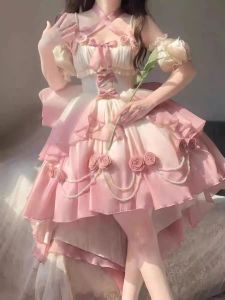 Lolita Princess Gradual Pink Floral Heavy Work Dress Sweet Girl Birthday Performance Clothes Skirt Short Sleeve V-neck Dress
