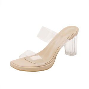 โปร่งแสง รองเท้าแตะส้นสูงหนังแกะ ผู้หญิง สวมใส่กลางแจ้งคริสตัลส้นหนาแบบสวม ทันสมัย Low Cut ฤดูร้อน รองเท้า