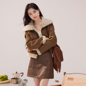 XIANGYING | Fashionable Grey Imitation Suede Short Coat Winter