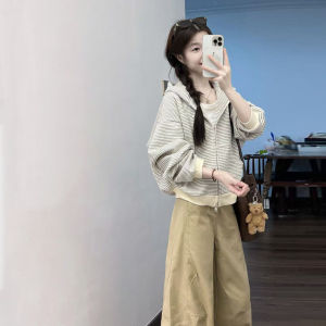 XUECAIQI | Trendy Korean Style Loose Stripe Short Jacket and Casual Pants Two-Piece Set