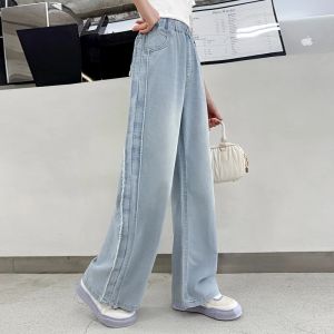 Quần Jeans Trẻ Em Cạp Chun Màu Trơn Mùa Hè Kiểu Dáng Rộng Ống Có Túi Đính Ngọc Trai Thời Trang Dành Cho Bé Gái.