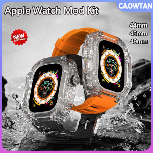 Luxury Transparent Case Modification Kit for Apple Watch Ultra 49mm 9 8 7 45mm for I watch Series 6 5 4 SE 44mm Rubber Sport Strap
