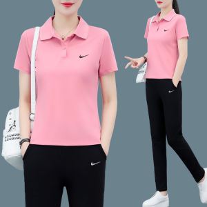 Ice Silk Polo Neck Short Sleeve Casual Sportswear Set for Women Summer 2025 New Style Two-Piece Nylon Long Pants Ensemble