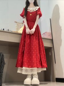 XUECAIQI | Unique Red Peter Pan Collar Polka Dots Long Dress