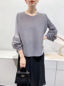 KESHANGYI Miyake Summer New Pleated Tops Female Beaded Seven-minute Sleeve Round Neck T-shirt Loose Casual Stretch Womens
