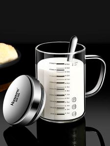 PDM Borosilicate Glass Milk Cup with Scale 450ml Heat Insulation Microwaveable Glass Coffee Mug with Lid