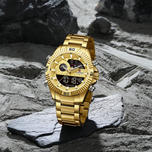 NAVIFORCE Original Men Dual Time Watch LCD Display Quartz Movement Stainless Steel Strap Waterproof 30m Calendar Date Chronograph Men Casual Fashion Outdoor Multi-function Watch NF9262S