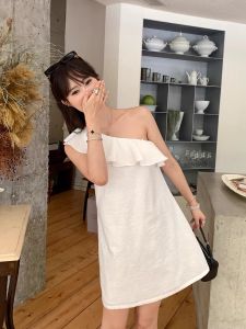 VKSOD | Summer Vacation Style Womens Loose A-Line Short Dress Sleeveless High Waist Design Gored Skirt White Color Sweet Style