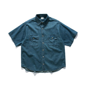 American Retro Denim Workwear Short Sleeve Shirt Men Summer New Loose Versatile Shape Double Pocket Casual Shirt