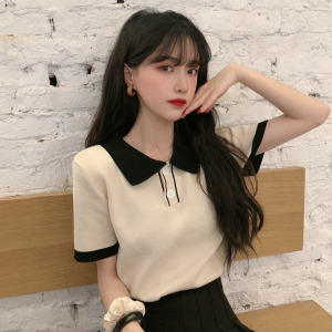 Harajuku Style Knitted Short Sleeve Polo Neck T-Shirt Womens Summer Slim Fit Short Length Versatile Top Korean Version Nylon Fabric