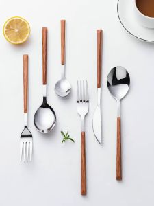 Korean Style Dinnerware Wooden Handle Table Knife Fork Spoon Stainless Steel Cutlery Tableware Set Serving Utensils