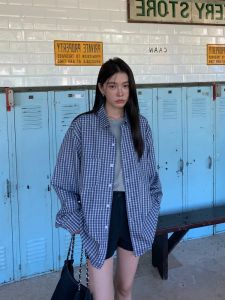 สไตล์อเมริกัน สีน้ําเงิน ลายสก็อต เสื้อเชิ้ตผู้หญิง ฤดูร้อน วินเทจ หลวม ลำลอง เวอร์ชั่นเกาหลีสไตล์ขี้เกียจ เสื้อท่อนบน แขนยาวป้องกันแสงแดด เสื้อโค้ท