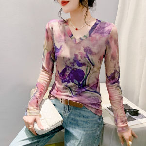 REHIN New Slim-Fit Stylish Tie-Dye Mesh Printed V-Neck Long-Sleeve T-Shirt for Women - Sweet and Elegant Goddess Style Tops