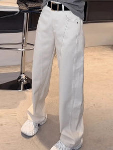 กางเกงยีนส์ทรงหลวมขาตรงสีขาวทรงเอวสูงสำหรับผู้หญิง กางเกงขายาวทรงตรงเอวสูง ทรงหลวม ฤดูร้อน 2025