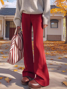 Red High Waist Long Pants Dragging Floor Wide Leg Pants Slimming Effect Casual Trousers for All Body Types All Seasons