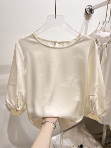 2024 New Style Slimming round Neck Embossed Lantern Sleeve Five-Quarter Length Chiffon Top Women Summer Thin Cotton Blend