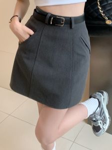 Grey Short Womens Skirt Half-length A-line With Pocket High Waist Work Clothing Polyester Fiber Craft Elements