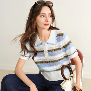 BADINA | Elegant Color-block Striped Polo Collar Sweater