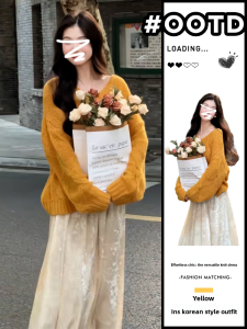 LIRENQING | Casual Comfortable Style Orange Twisted V-neck Sweater for Early Autumn