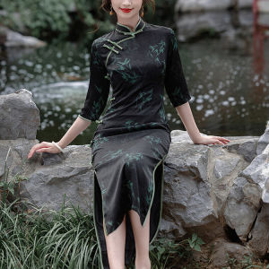 Retro Style Bamboo Leaf Print Cheongsam Dress Long Sleeve Short Womens Dress Vintage Chinese Fashion Polyester Fiber High Slit