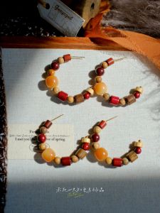 Autumn Winter Retro Chinese Style Wooden Bead Bodhi Seed Color Block C Shape Large Circle Earrings Fashionable Decorative Jewelry