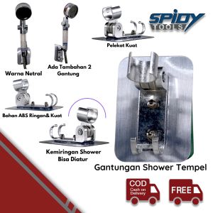 SPIDY Gantungan Shower Holder Aluminium Tempel Tanpa Bor dg 2 Hanger
