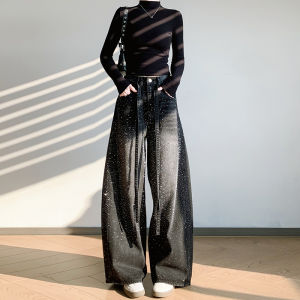 NIANDAIJINGDIAN | Glitter Rhinestone American Style Wide Leg Tapered Jeans