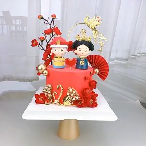Chinese Style Emperor Empress Retro Palace Style Longevity Paper Fan Cake Topper Cake Decoration 祝壽蛋糕裝飾 皇上皇后擺件 梅花 扇子 壽桃