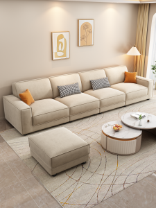 Tofu Block Cream Style Sofa Living Room High Backrest Three-Person Four-Person Straight Row Scandinavian Small Apartment Cotton and Linen Fabric Sofa