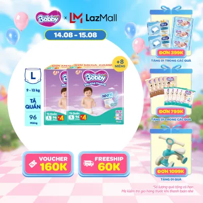 [15-20.09 QUÀ TO][TẶNG MIẾNG NGẪU NHIÊN] Combo 2 Tã/bỉm quần Bobby 3mm Mega Jumbo Siêu khô thoáng L96