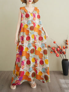 Slimming Polka Dot Print Cotton Linen Vest Dress Large Size round Neck Sleeveless A-Line Long Dress Summer Casual Wear