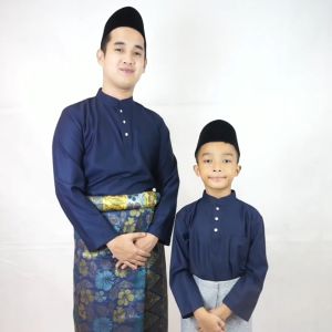 BAJU MELAYU SLIM FIT COTTON DARK BLUE / NAVY BLUE SEPASANG DEWASA & BUDAK ( C001BM ) BAJU RAYA BMC
