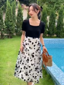 korean style long dress hitam bunga lengan pendek dress wanita kekinian princess bigsize dress cantik evening dress jumbo terbaru baju imlek 2025 gaun pesta mewah elegan import  XS-5XL