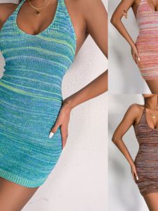 ชุดเดรสยาวสีลายทางแขนกุดเอวสูงสไตล์ใหม่สำหรับฤดูร้อน 2024 ผ้าโพลีเอสเตอร์ 100% กระโปรงทรงเอ ชุดเดรสลำลอง