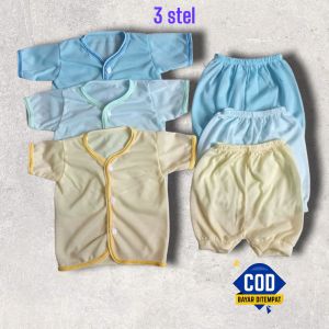 3 stel baju bayi dan celana motip polos rib usia 0-6 bln