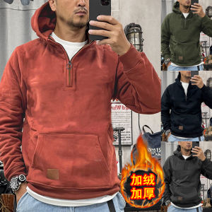 American Retro Thickened Hoodie Mens Zipper Fleece Lined Thickened Cotton Loose Casual Outerwear Youth Fashion Autumn Winter Spring