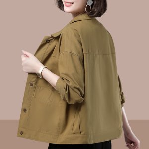 เสื้อแจ็คเก็ตสั้นผู้หญิง ฤดูใบไม้ผลิและฤดูใบไม้ร่วง ทรงหลวม แขนยาว ปกโปโล ผ้าฝ้าย 100% เสื้อคลุมคาร์ดิแกนสำหรับคุณแม่