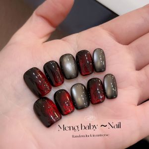 Hand-Painted Cat-Eye Nail Art Stickers Red Rose Design Wearable Fake Nails New Year White Enhancing Beauty Nail Products