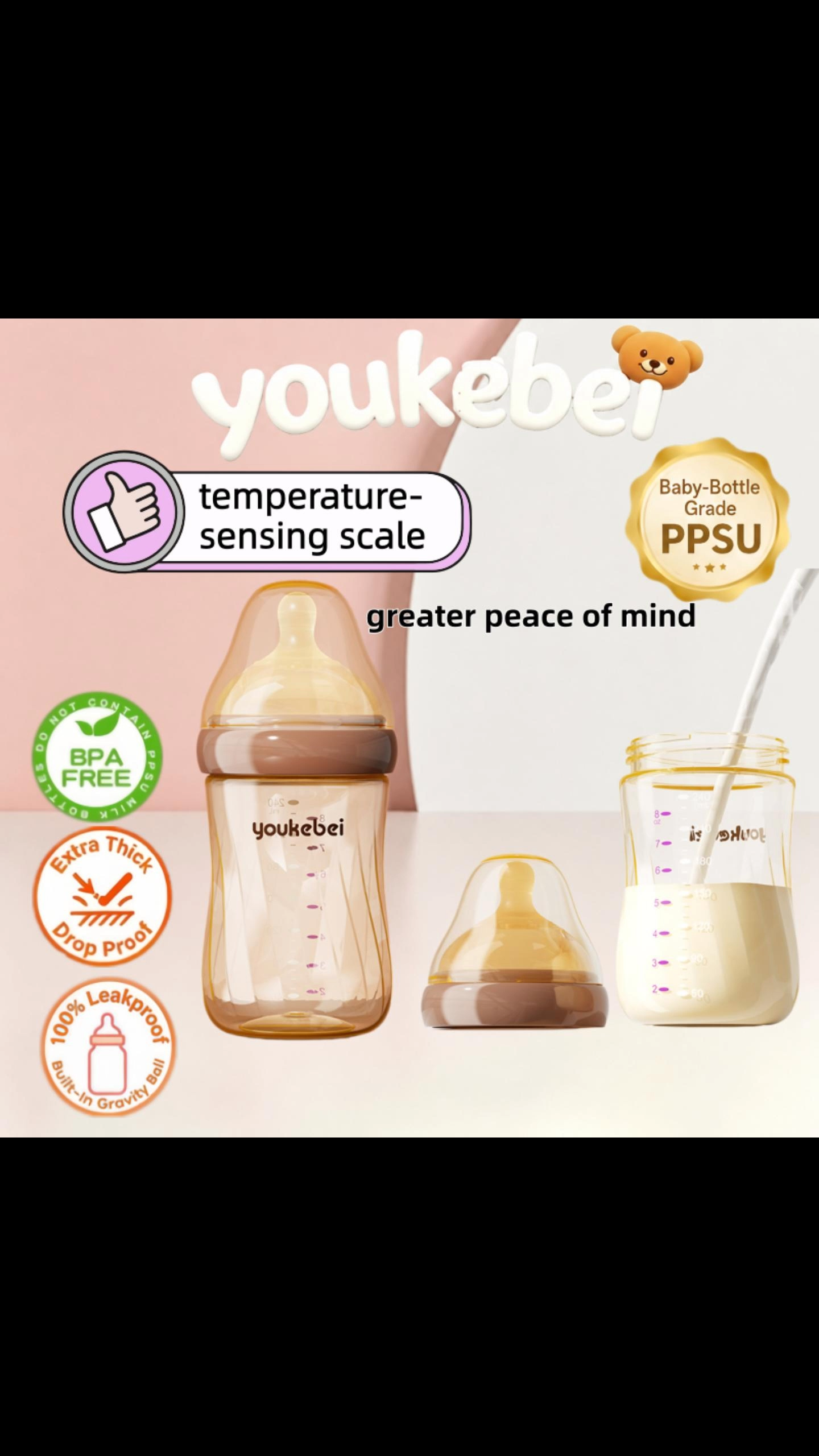 Youkebei PPSU 240ML Newborn Feeding Bottle Comboer Anti-Colic Baby Bottle BPA-Free Deep Latch Nipple