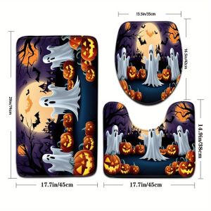 VIKAMA 3 Trăng Tròn Halloween Ma Đáng Sợ Họa Tiết Bí Ngô Phòng Tắm Thảm Bộ Có Thể Giặt Hình Chữ U Nhà Vệ Sinh Thảm Trải Sàn Trang Trí Nhà Polyester