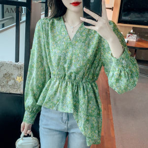 Ammin 2023 Mùa Thu nhỏ mới hình hoa tươi In V Cổ Tay áo dài áo voan phong cách Hàn Quốc Thắt lưng co giãn Thiết Kế Ngọt Ngào Phồng Tay Áo Không Thường Xuyên Áo Blouse thanh lịch