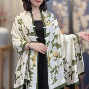 Summer New Satin Buckle Shawl Outer Match Western Style Fashion Sunscreen Shawl Scarf Chinese Style Cocoa Scarf
