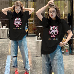 Áo Thun Cotton Tay Ngắn Dáng Rộng Cho Nữ Mùa Hè Thường Ngày in Họa Tiết Cổ Tròn Tay Lửng Thời Trang Chống Lão Hóa