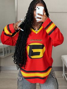 Womens Fashion Casual Retro V-neck Long Sleeved T-shirt Personality Pattern Printing Streetwear Exercise Loose Comfortable Tops