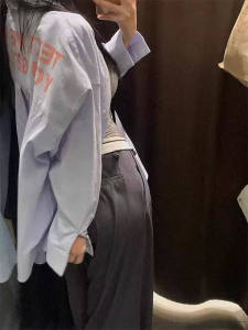 Áo Sơ Mi Nữ Tay Dài Màu Xanh Thiết Kế Đệm Vai Kẻ Sọc Cotton Nguyên Chất Mùa Xuân Thu Mới Rộng Rãi Cổ Polo Nút