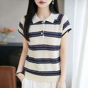 YUEXINYIRONG | Old Money Style Pinstripe POLO Collar Knit Short Sleeve Breathable and Cooling Flattering T-Shirt