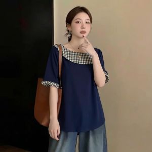 AIYITI | Plaid Panel Short Sleeve Off Shoulder Slimming Oversized T-shirt