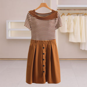 Striped Short Sleeve Decorative Button Dress