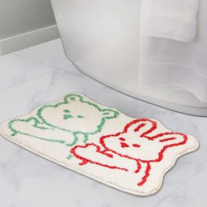 VIKAMA Pastel Minimal Line Art Bear Bunny Floor Mat Irregular Outline Shape Non Slip Fluffy Shower Bathroom Decor